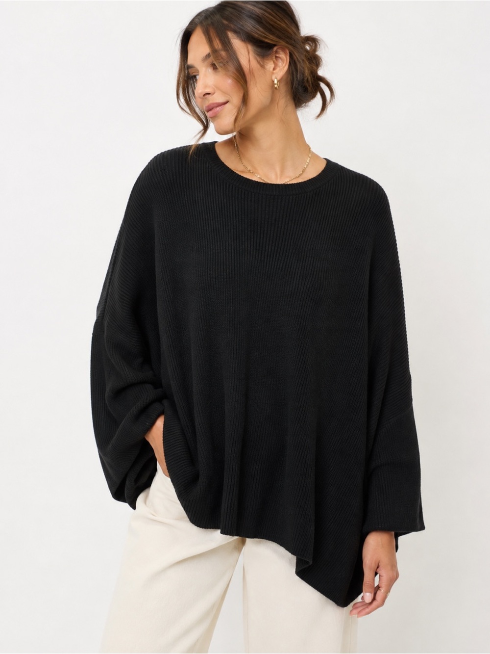 The Drop Alice Sweater 3X Oversized Black Ribbed Knit Dolman Sleeve Minimalist